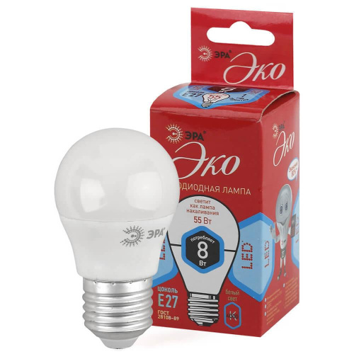 Лампа светодиодная ЭРА E27 8W 4000K матовая ECO LED P45-8W-840-E27 Б0030025