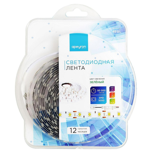 Светодиодная лента Apeyron 14,4W/m 60LED/m 5050SMD зеленый 5M 49BL Светодиодная лента Apeyron 14,4W/m 60LED/m 5050SMD зеленый 5M 49BL
