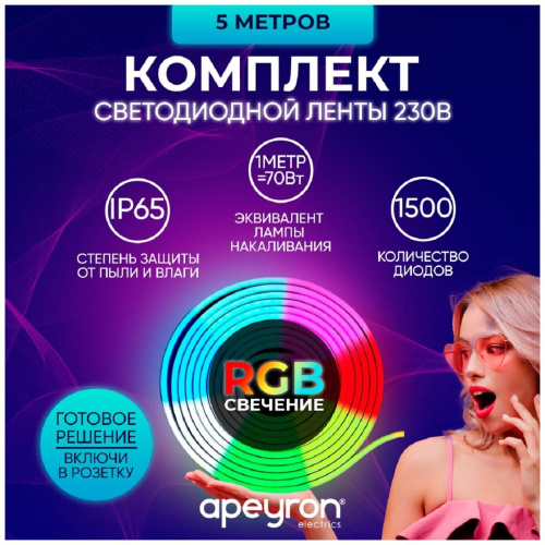 Светодиодная влагозащищенная лента Apeyron 12W/m 60LED/m 5050SMD разноцветная 15M 10-51 Светодиодная влагозащищенная лента Apeyron 12W/m 60LED/m 5050SMD разноцветная 15M 10-51